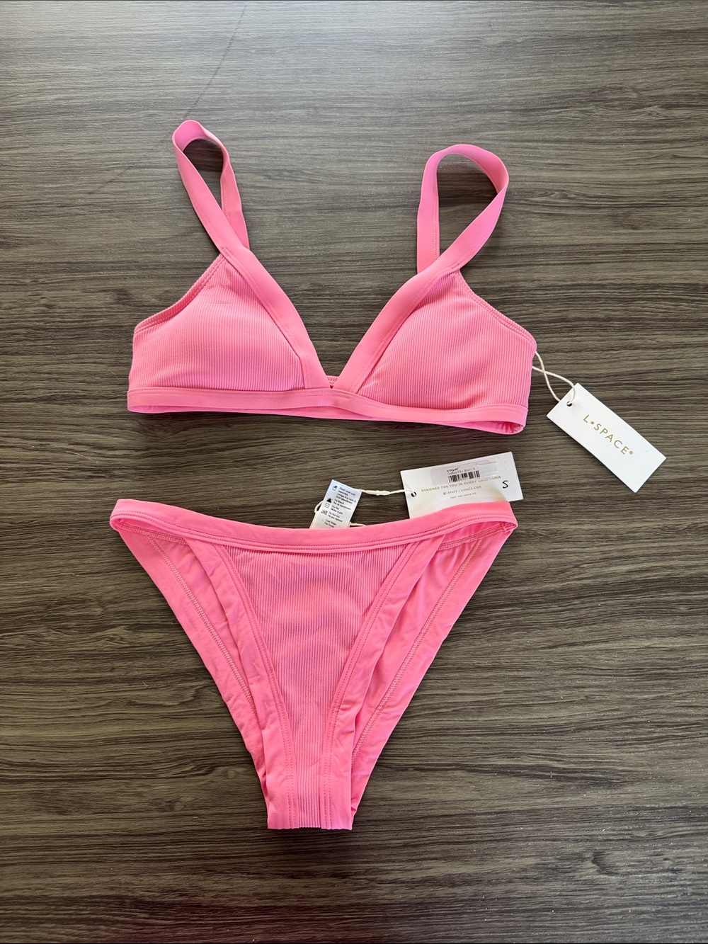 l*space Bright Pink Guava Ribbed Triangle Bikini Set